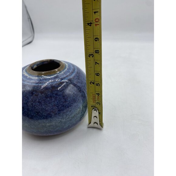 Studio Pottery Round Blue Vase Signed 2.75 in Tall Handmade Artisan Collectible - Picture 10 of 13